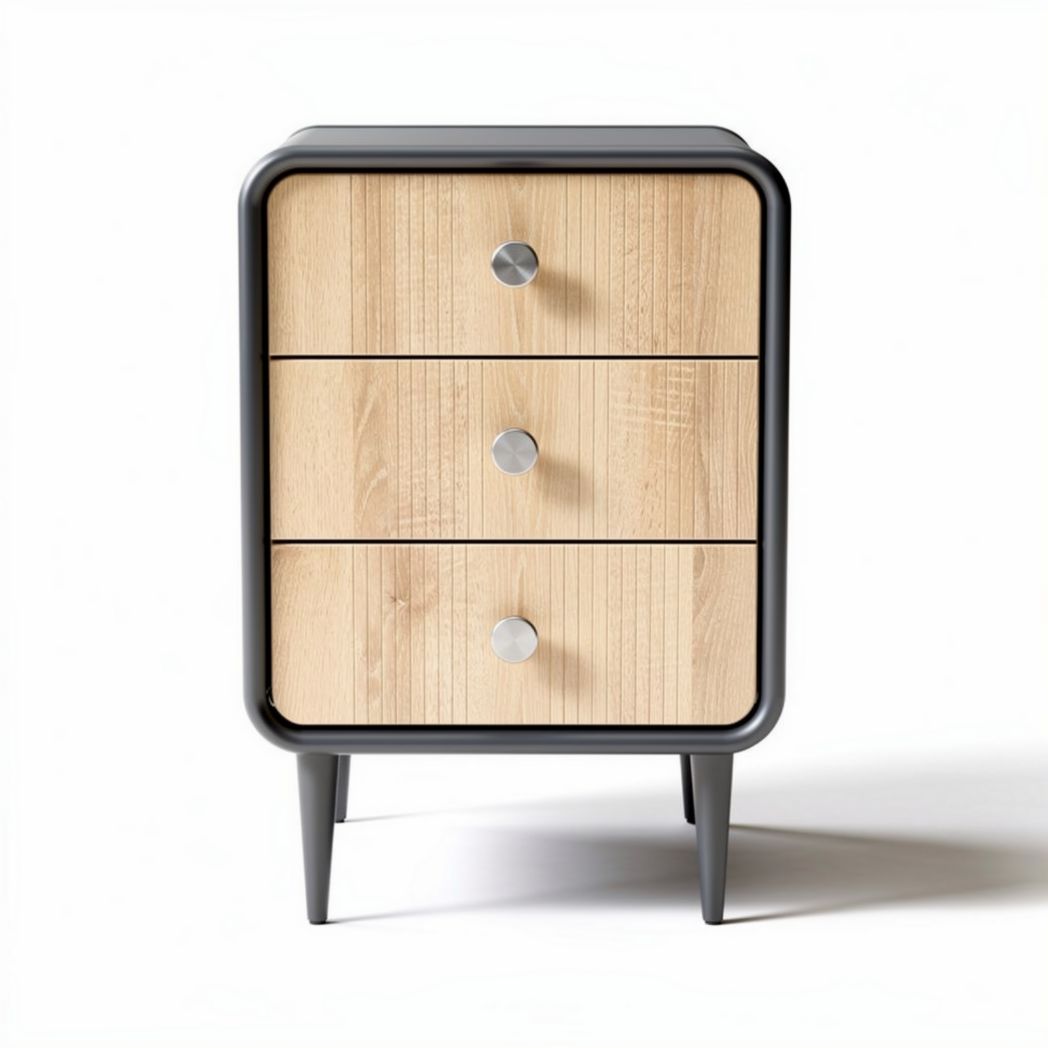 Wooden nightstand with three drawers and metal accents 50 x 40 x 60cm