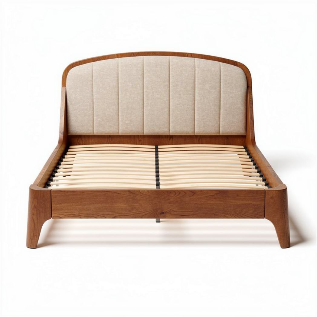 Wooden bed frame with upholstered headboard and slatted base 200 x 160 x 90cm