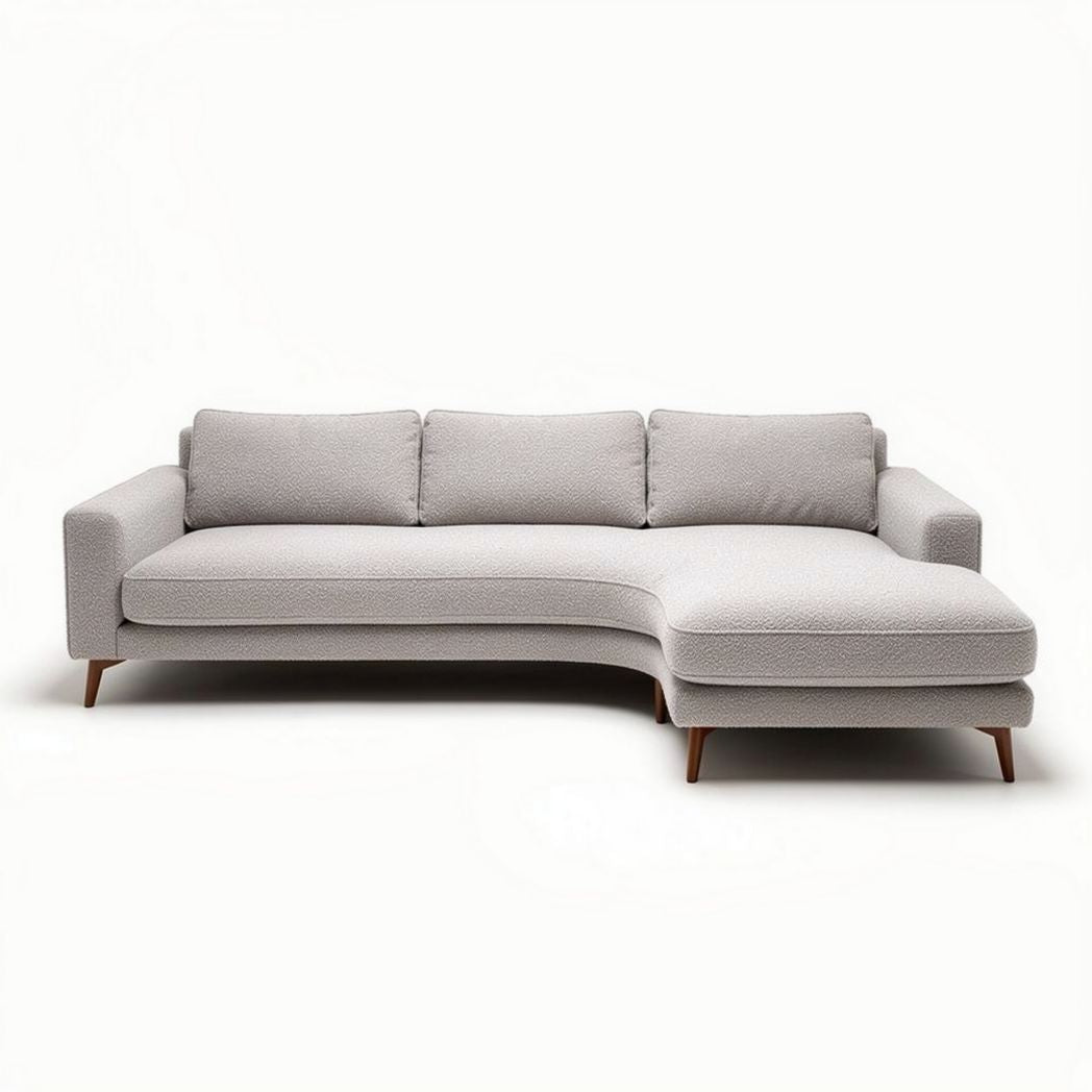 Curved sectional sofa in light gray fabric with wooden legs 250 x 100 x 85cm