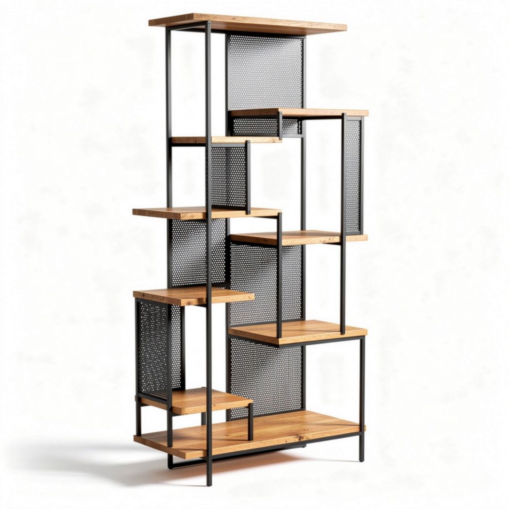 Metal and wood bookshelf with open shelving for modern home decor 160 x 75 x 30cm