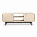Modern beige wooden media console with ribbed doors and metal legs 150 x 40 x 50cm