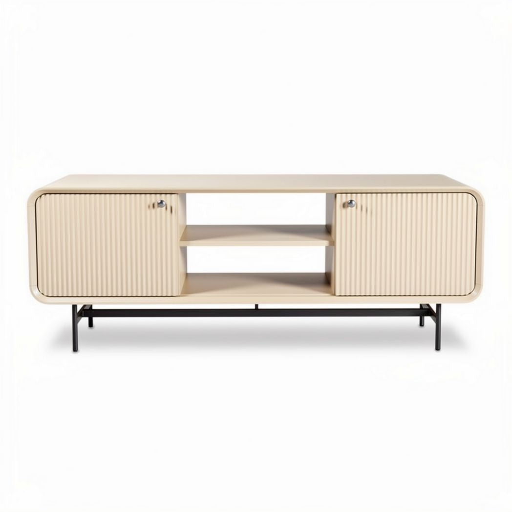 Modern beige wooden media console with ribbed doors and metal legs 150 x 40 x 50cm