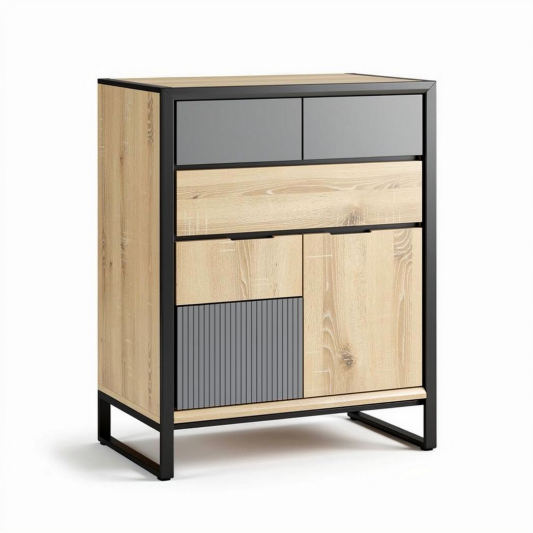 Wooden storage cabinet with metal frame and multiple compartments 80 x 40 x 100cm