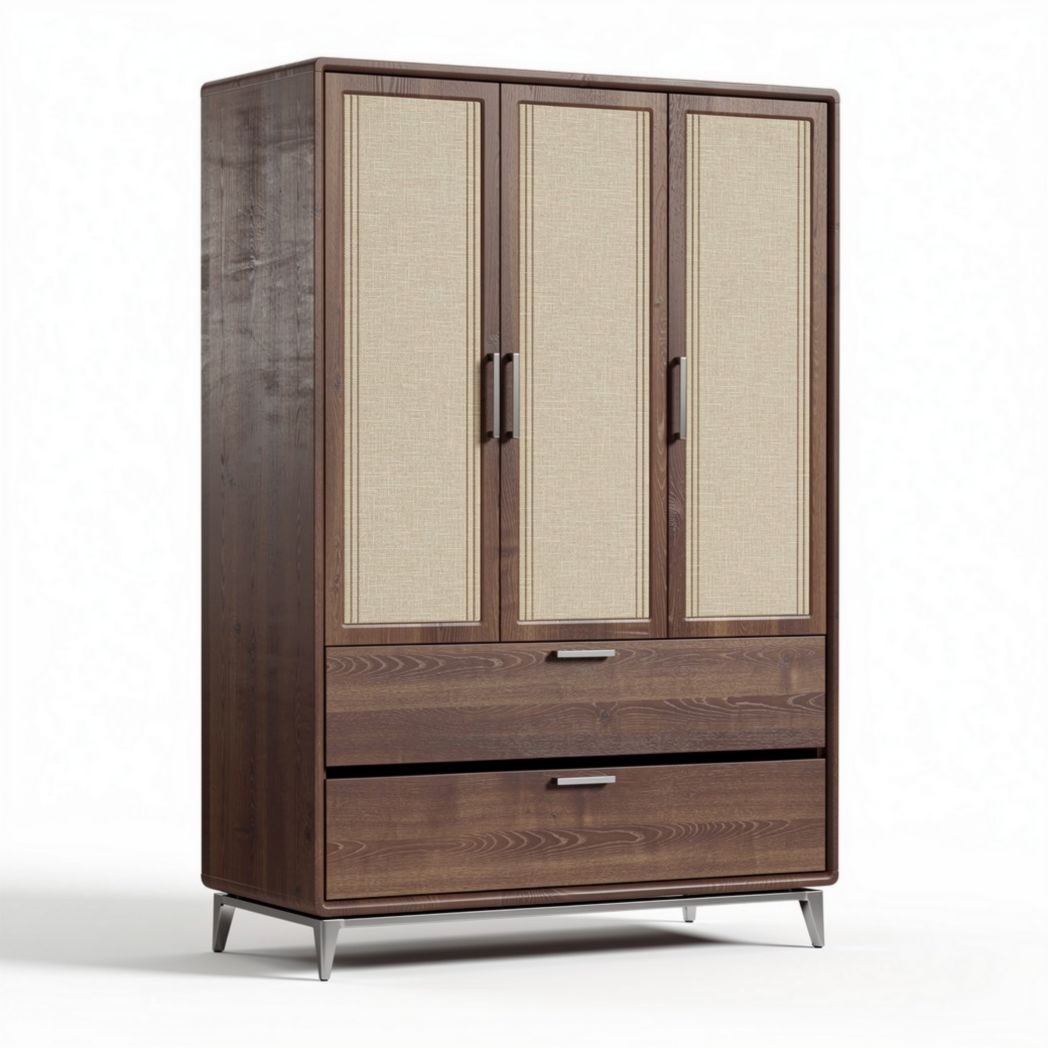 Three-door wardrobe with linen texture finish in walnut wood 180 x 90 x 40cm