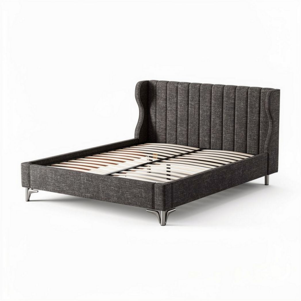 Upholstered king size bed frame with wood slats and silver legs in gray