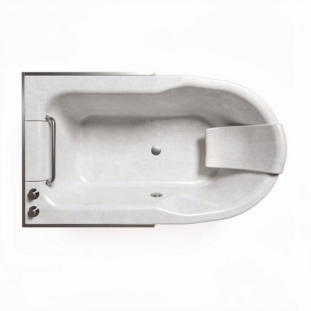 Bathtub with integrated handle and drain assembly in white acrylic 150 x 75 x 45cm