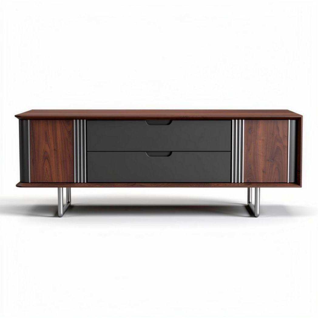 Modern wood and metal TV stand with storage drawers 150 x 45 x 50cm
