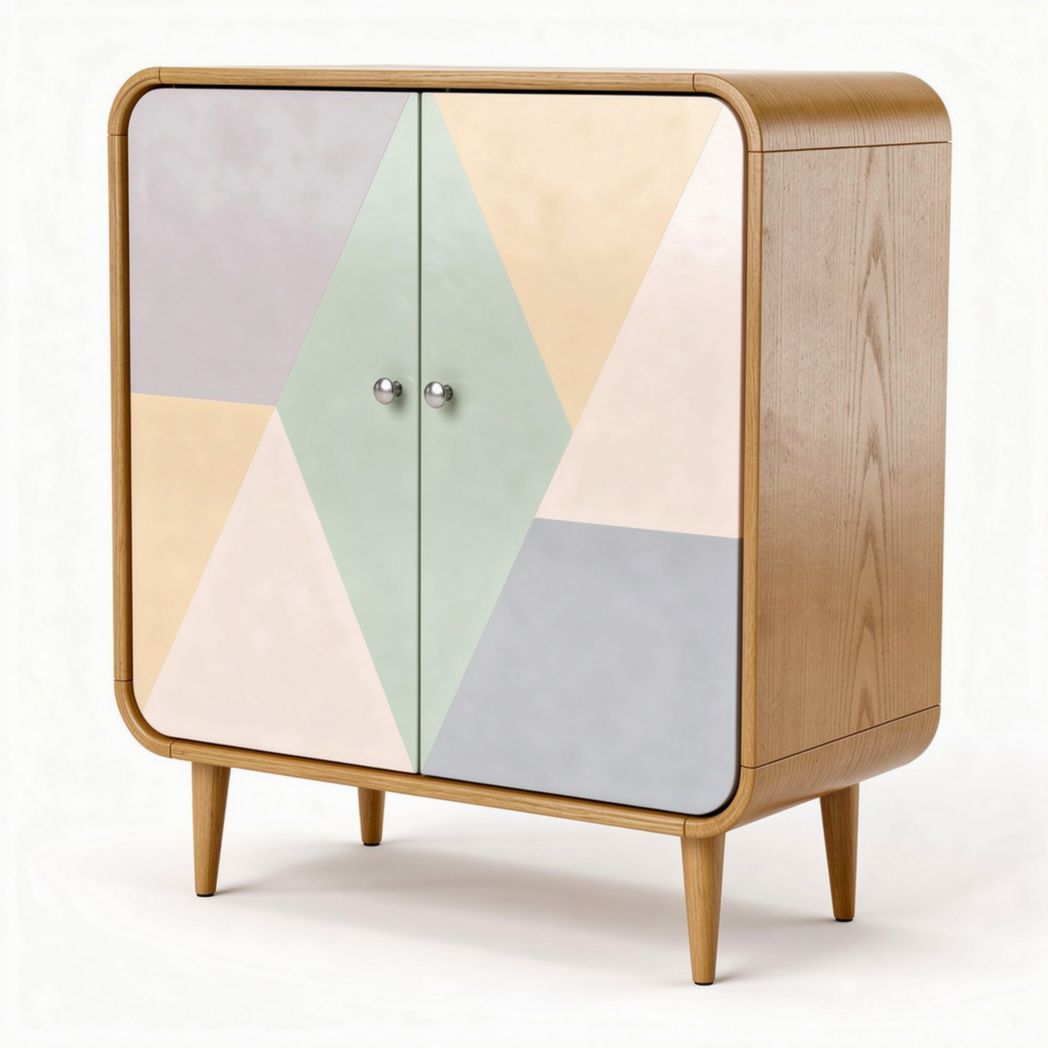 Geometric design two-door cabinet in wood and pastel colors 80 x 40 x 100cm