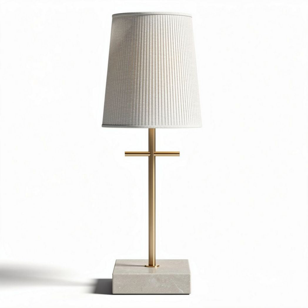 Marble base table lamp with fabric shade and gold metal accents 10 x 10 x 30cm