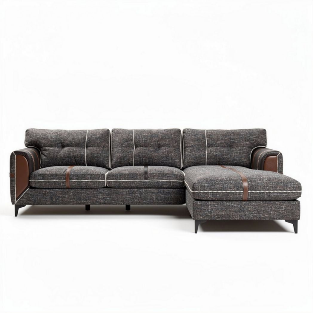 Modern sectional sofa with fabric upholstery and leather accents in grey 250 x 100 x 85cm