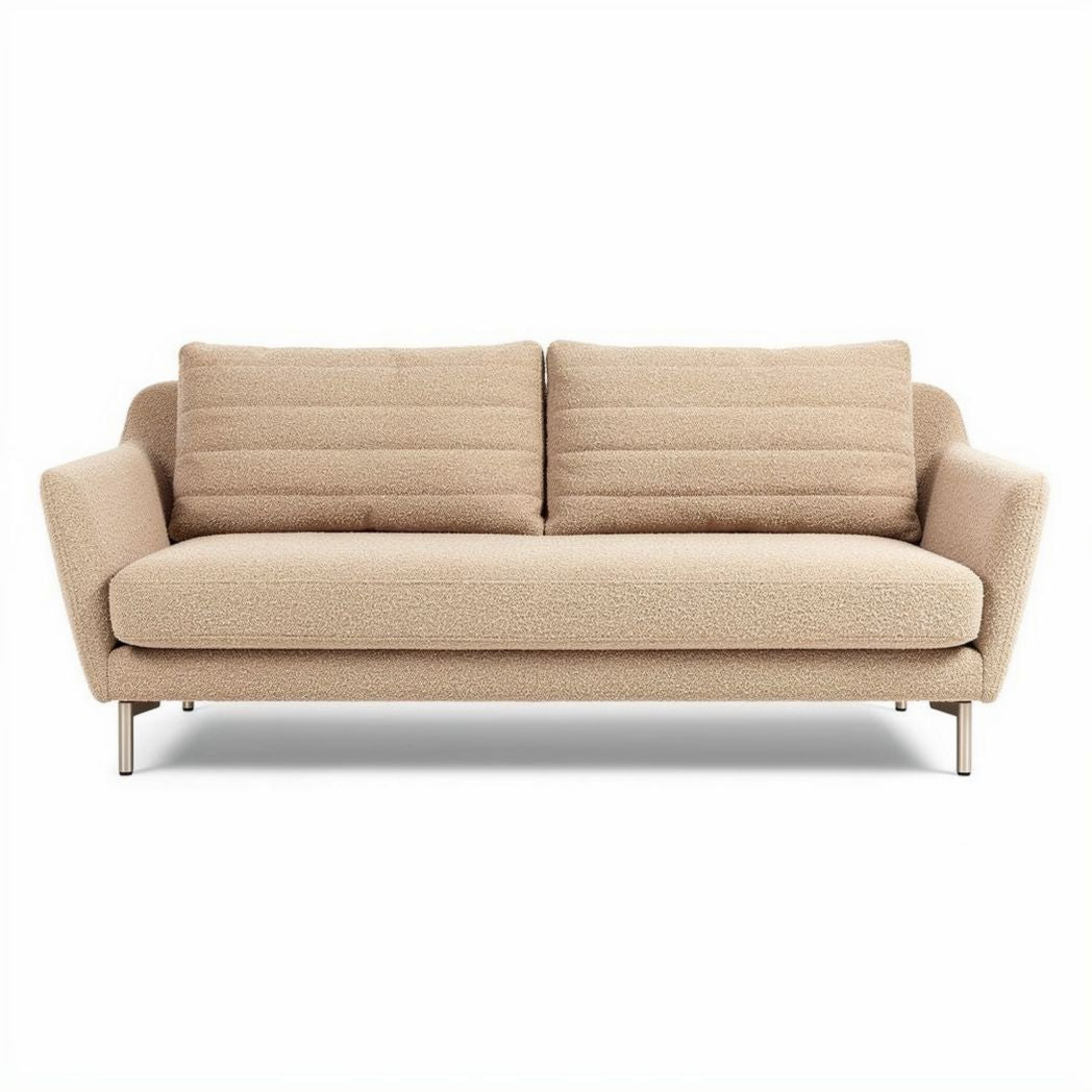Modern beige fabric sofa with sloped arms and stainless steel legs 200 x 90 x 80cm