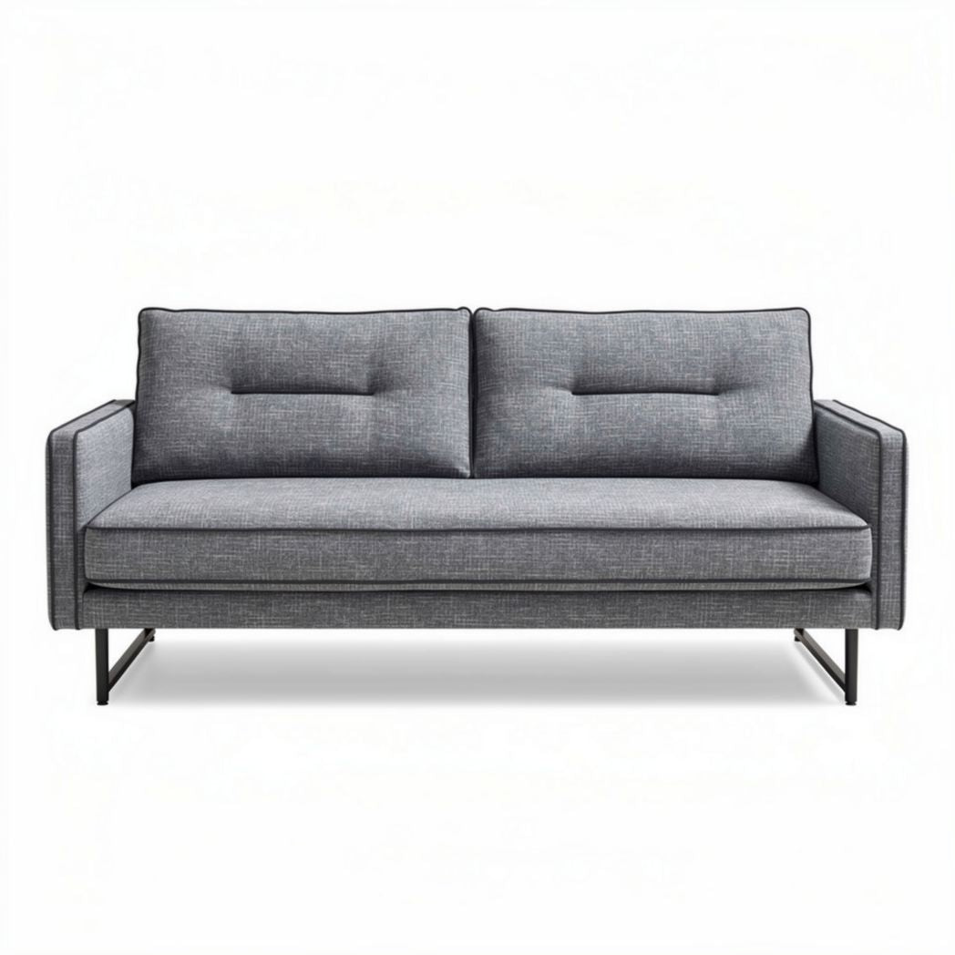 Sofa with metal frame and gray fabric upholstery for living room use