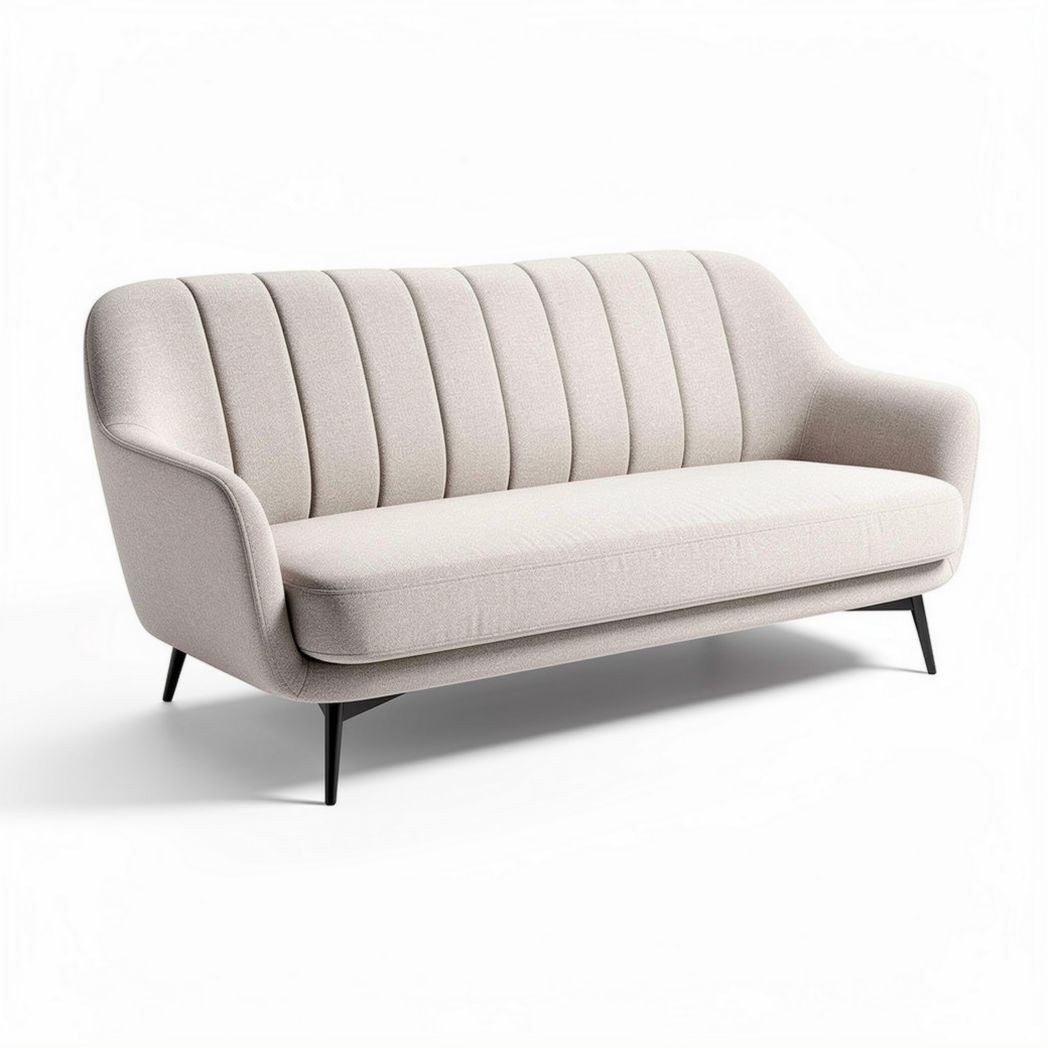 Modern upholstered sofa in light beige fabric with black metal legs 180 x 85 x 75cm
